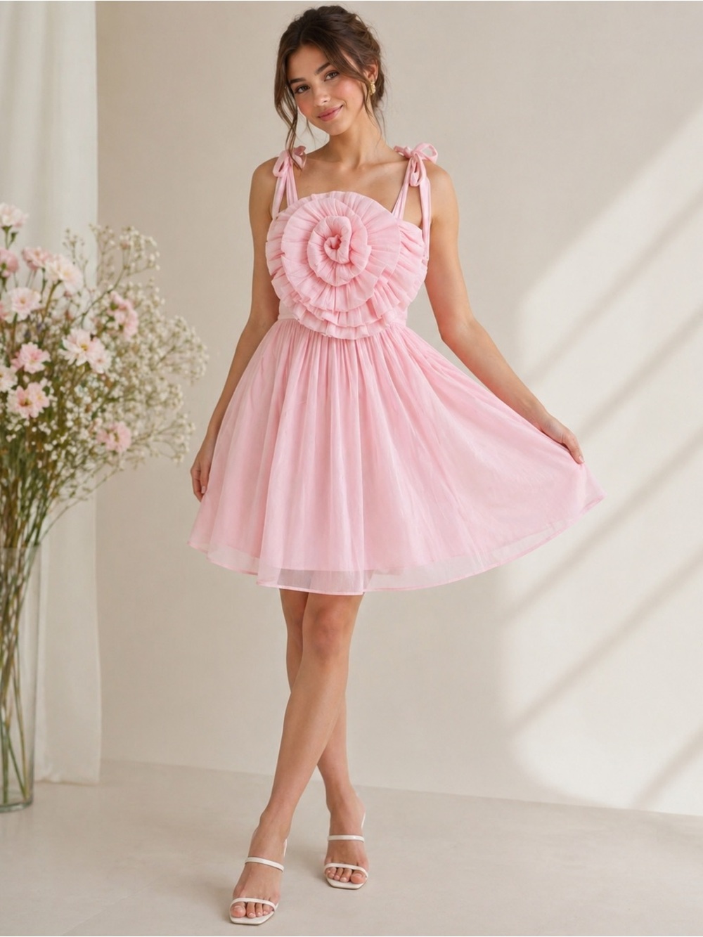 🎀 Merci Pink Rosette Tie-Strap Dress – Size Medium new with tags